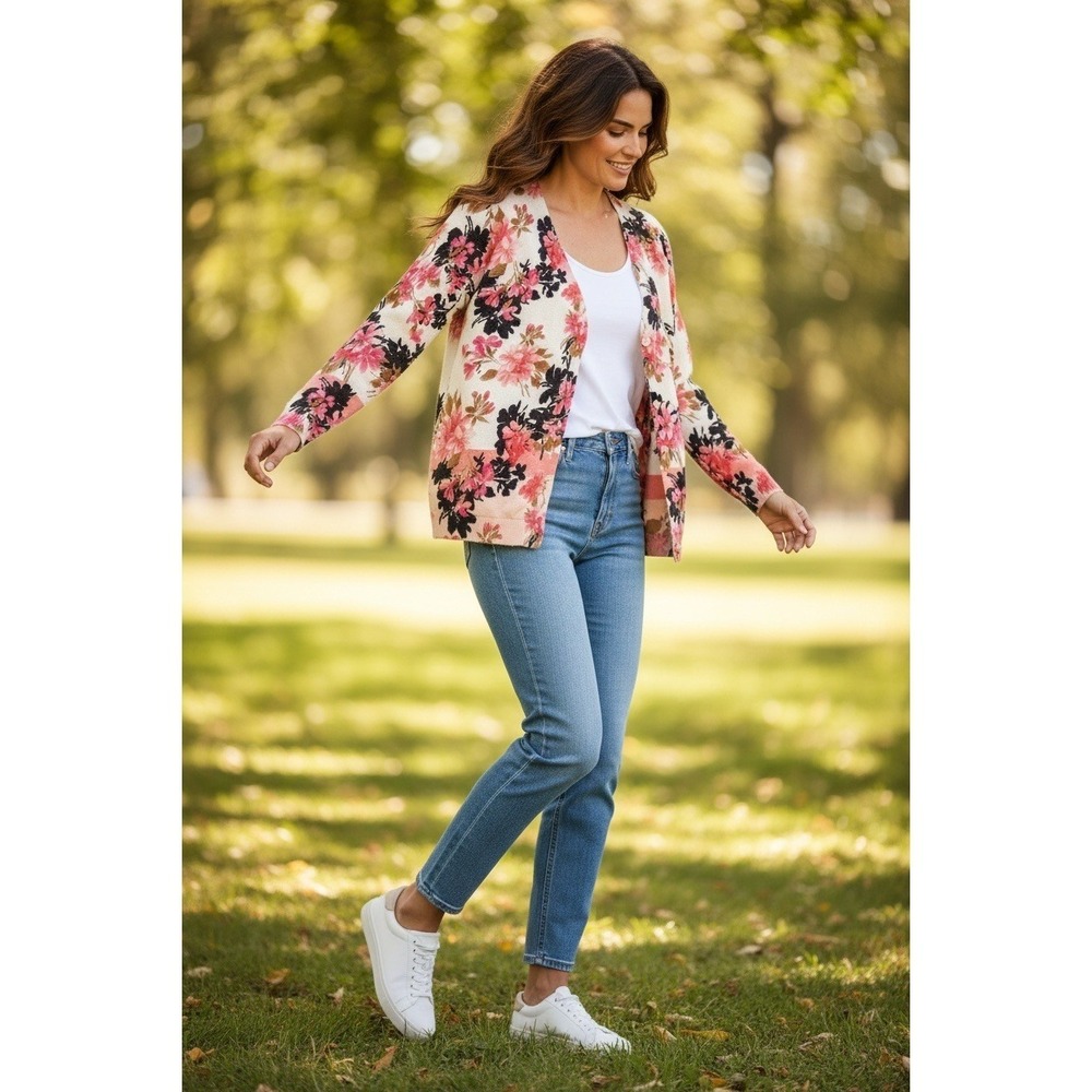 Talbots Womens Floral Button Front Cardigan Pink White Cotton Blend Size M